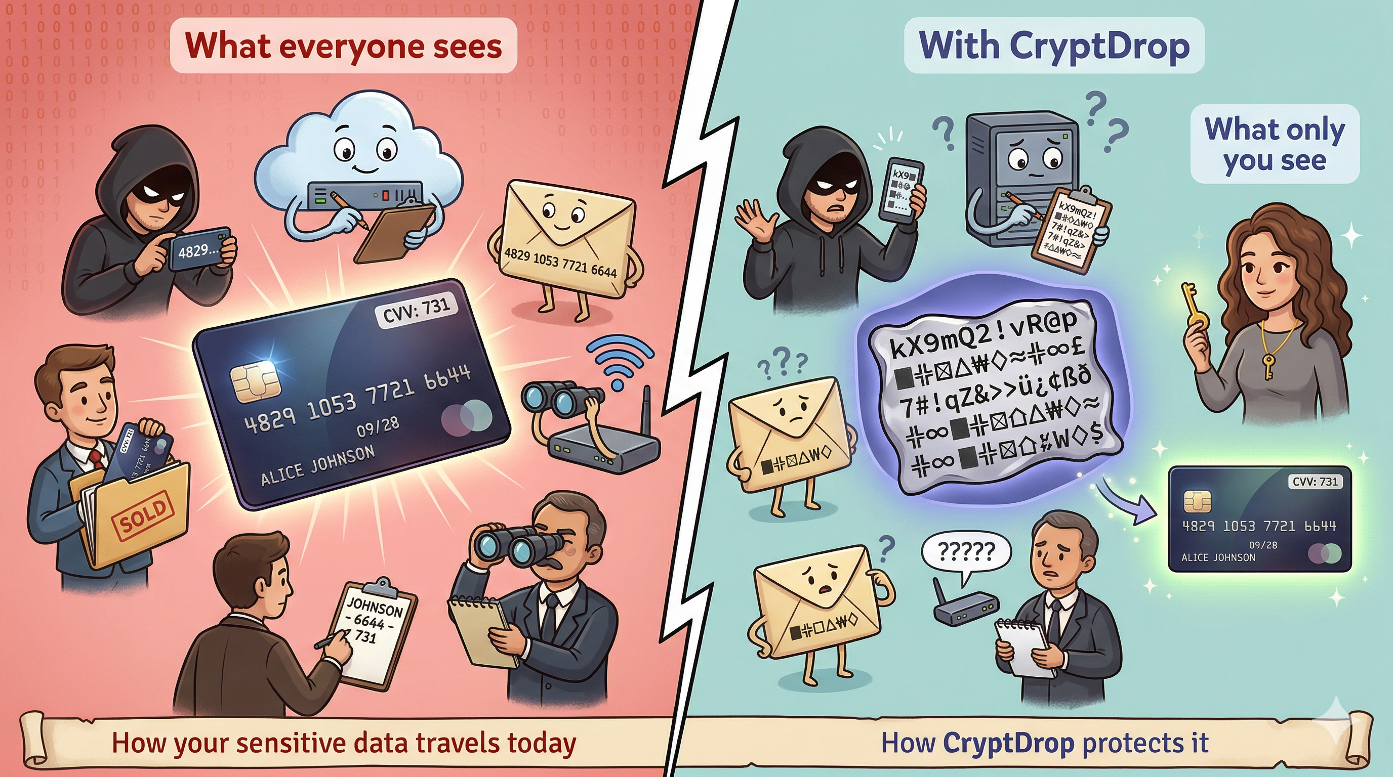 Left: credit card details exposed and readable by everyone — hackers, servers, email providers. Right: the same data encrypted into unreadable gibberish, only decrypted by the intended recipient with their private key.