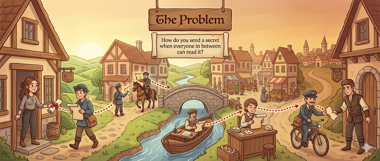 A scroll passing through many hands across a medieval landscape