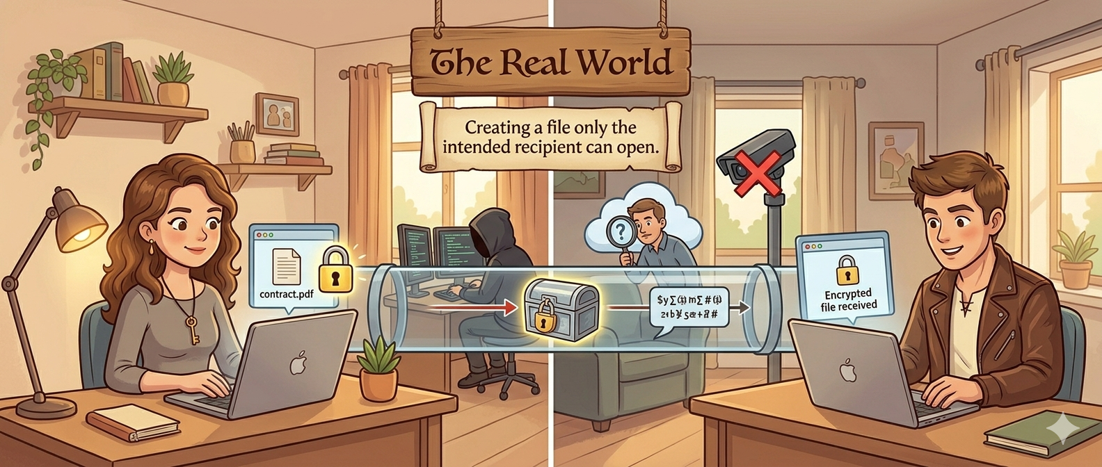 Two people at computers with interceptors between them